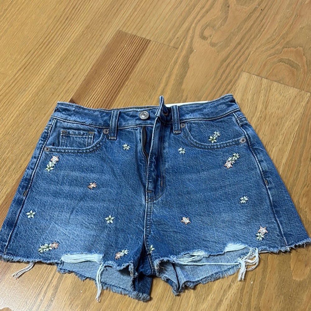 Floral Embroidered Blue Denim Mom Shorts